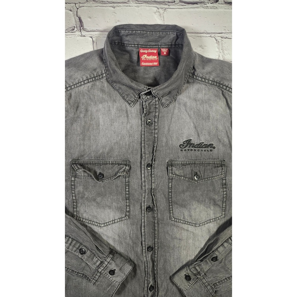 Indian Motorcycle Mens Gray Acid Wash Denim Button Down Shirt Large Graphic M - Picture 2 of 11
